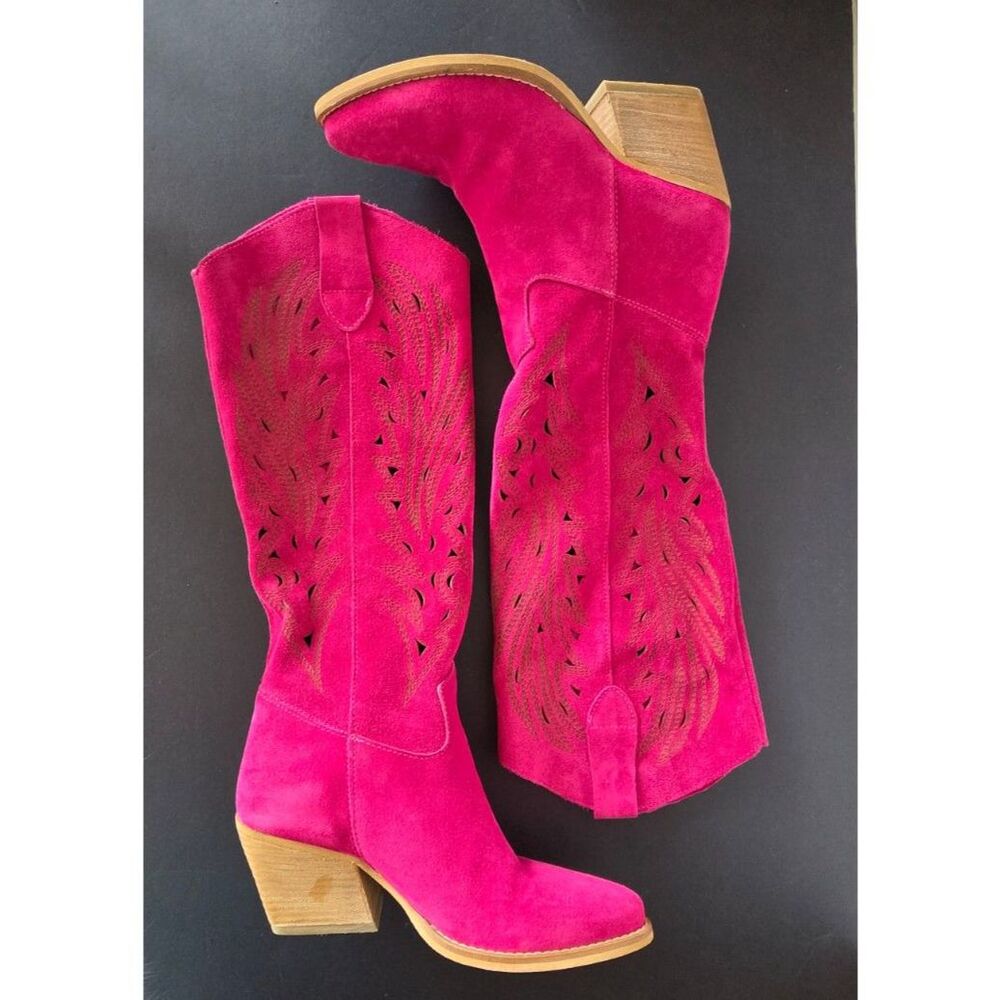 KS Kali Shoes Rea Magenta Pink Texan Laser-Cut Western Boots Suede Sz EU 38 - Picture 5 of 9